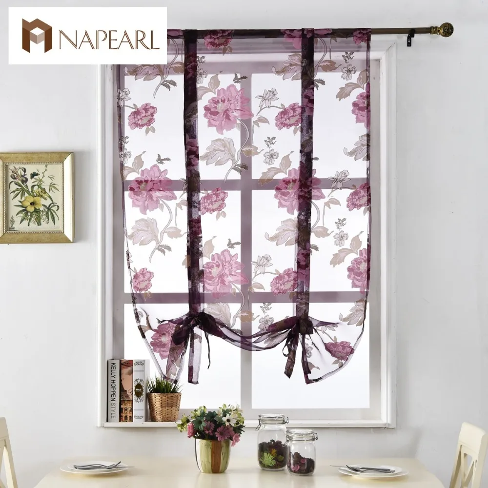 NAPEARL Цветочные римские шторы, короткие кухонные занавески, фиолетовая прозрачная Тюлевая ткань, современные занавески, цветочное окно