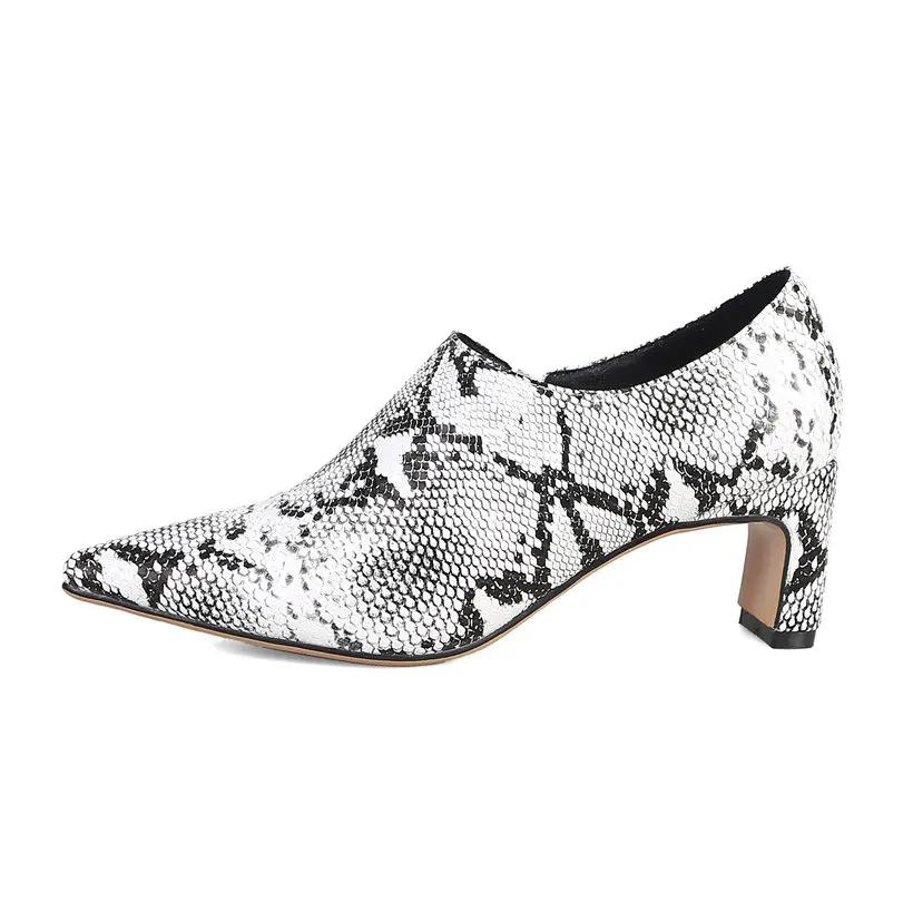 Faux Snakeskin Women Pumps 6cm High Block Heels Red Bottom Pointed Toe White Leopard Casual Party Office Sexy Lady Zipper Loafer
