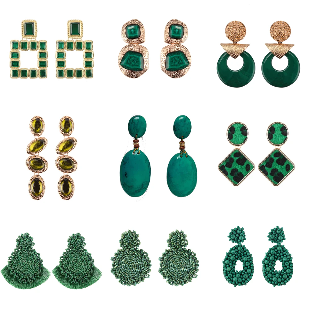 

Girlgo Trendy Handmade Za Long Dangle Drop Earrings For Women Square Green Crystal Pendant Earrings Boho Maxi Bijoux Jewelry