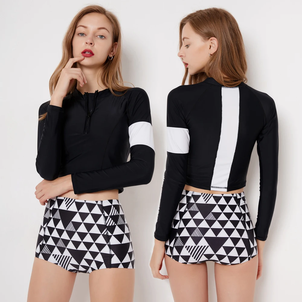 

Long Sleeve Swimwear Two Piece Swimsuit Sporty Swimming Suit Women Printed Zip Rashguard Female Uv Protection Beach Wear
