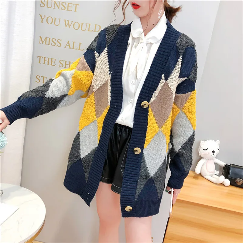Геометрический Трикотаж Мягкий свободный осенне-зимний свитер женский кардиган Женская мода Длинный рукав вязаная модная верхняя одежда - Цвет: Тёмно-синий