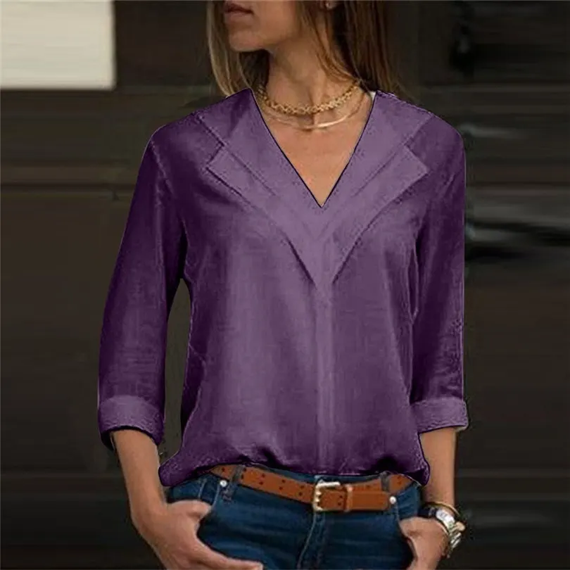  Fashion Women Summer Chiffon Vintage Solid Shirt Office Ladies Plain Slim Casual Daily Blouses Elegant Roll Sleeve Tops #4F11  (5)
