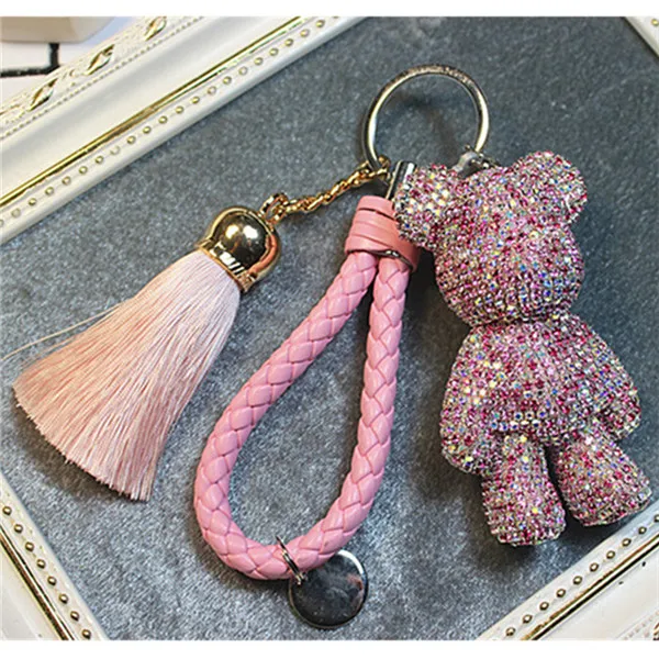 Стразы, мультяшный медведь, брелок, Автомобильный брелок для ключей с кисточкой, кольцо, держатель, подвеска для сумки, шарм, chaviro llaveros mujer - Цвет: pink