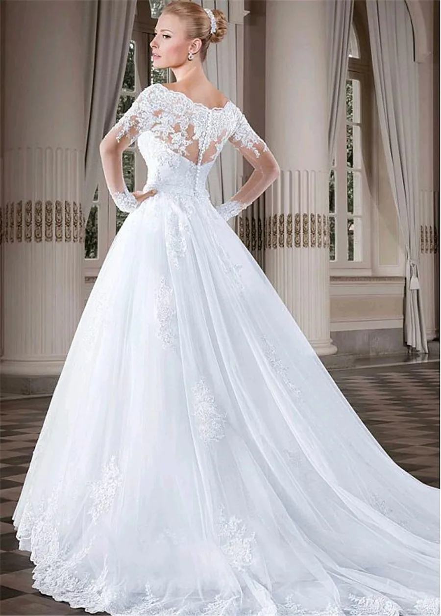 Junoesque/тюлевые Свадебные платья трапециевидной формы с v-образным вырезом и кружевными аппликациями, с поясом, с длинными рукавами, белые