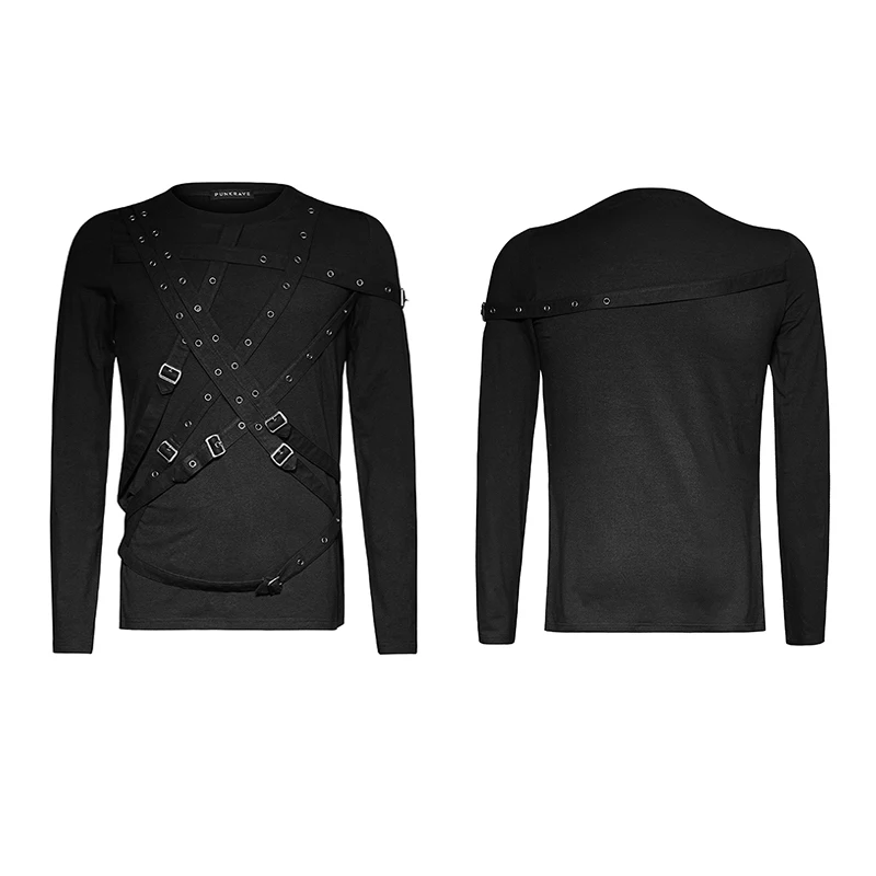 

Punk Men Cross-belts T-Shirts Steampunk Round Collar Long Sleeves Tee Shirt Autumn Black Tops