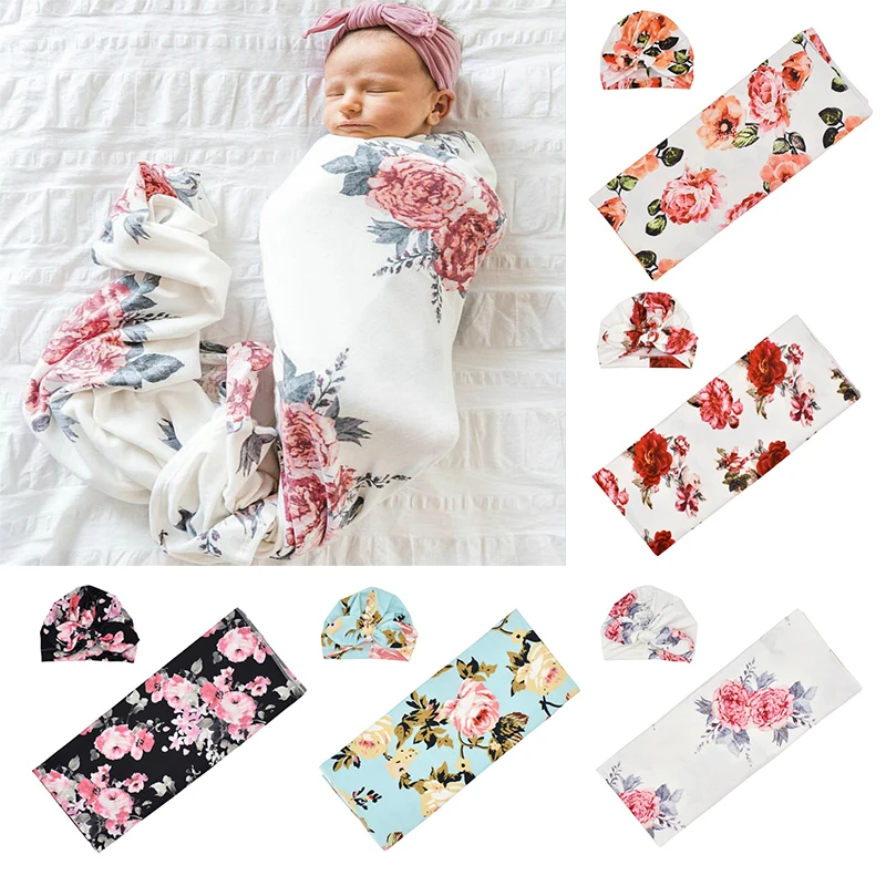 

Infant Headbands Solid Cotton Turban Headband For Girls Spandx Stretchy Beanie Hat Headwear Floral Wrap Swaddling Blanket 2Pcs