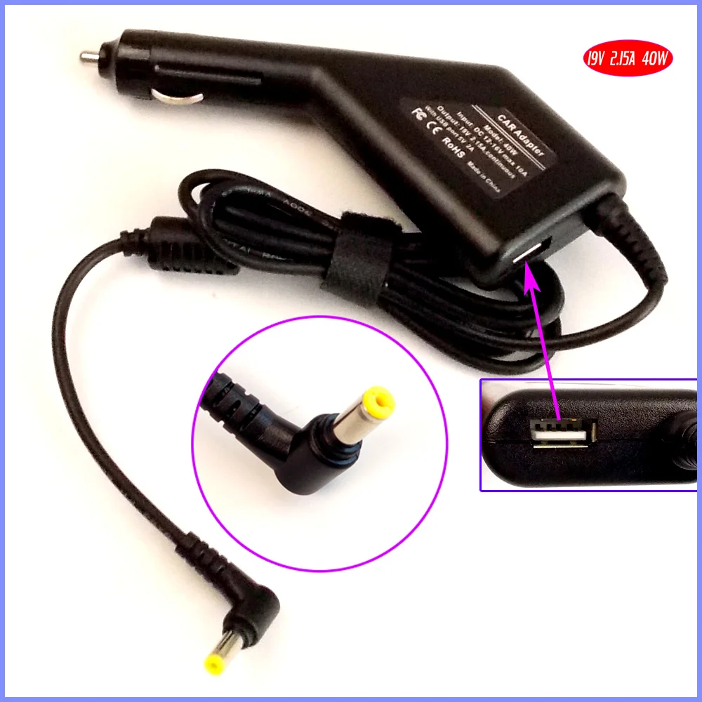 19V 2.15A Laptop Car DC Adapter Charger + USB(5V 2A) for Acer Aspire