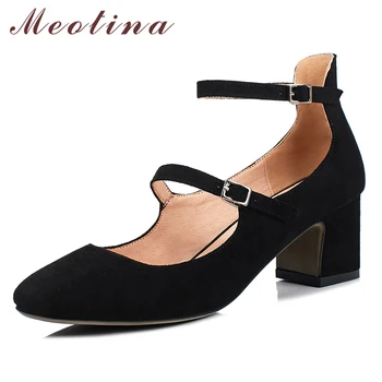 

Meotina Women Pumps Thick High Heels Mary Janes Shoes High Heel Ankle Strap Party Shoes Kid Suede Square Toe Footwear Lady 33 43