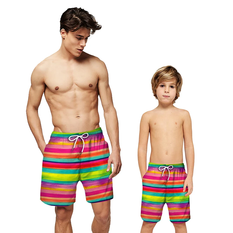 

Summer Men Beach Boxer Shorts Flag Printed Colorful Striped Loose Drawstring Casual Short Pants Beachwear For Adult Children