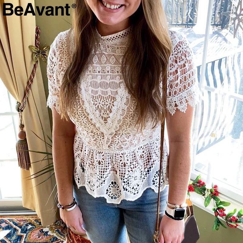 BeAvant Сексуальная вышитая белая кружевная блузка рубашка женская с коротким