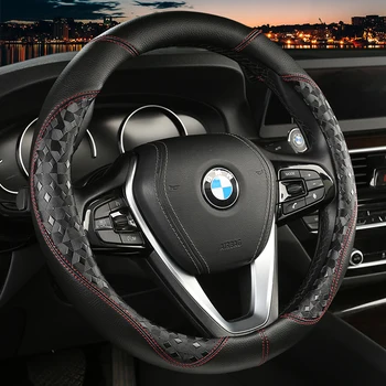 

KKYSYELVA Car Interior Accessories Black Auto Sports Steering Wheel Cover Leather 38cm Vehicle Truch Steering Covers