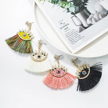 

JURAN Bohemian Crystal Eyes Luxury Hanging Drop Earrings for Women Fashion Ethnic Handmade Fringed Tassel Earrings Wedding Gifts