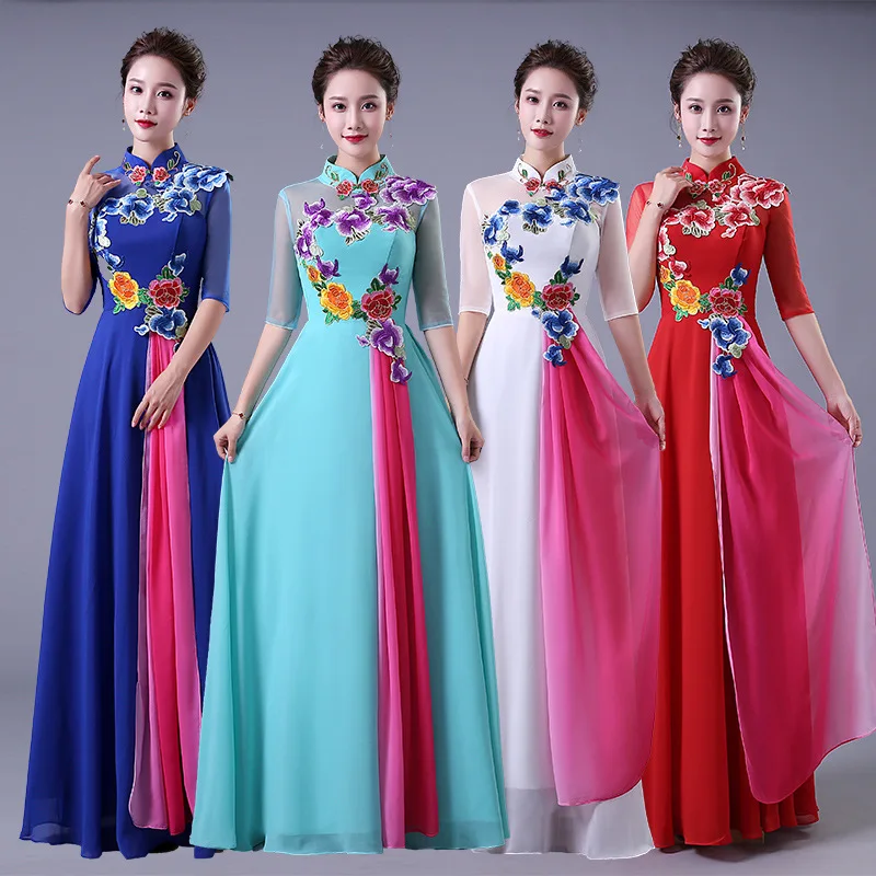 

Vintage New Women Evening Party Gowns Elegant Flower Half Sleeve Cheongsam Chinese Female Stage Show Qipao Plus Size Dress 3XL