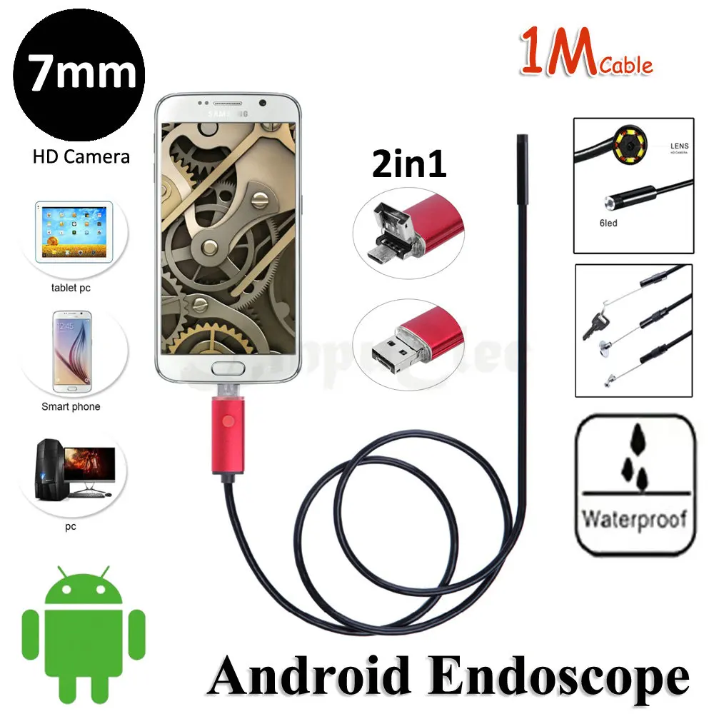 

7mm Lens 2 in 1 Android USB Endoscope Camera 1M Flexible Snake Pipe Inspection Android Phone OTG USB Borescope Camera 6LED