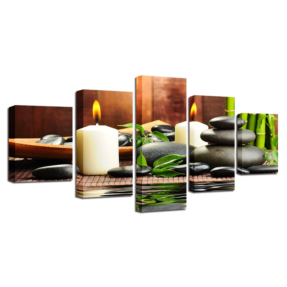 

Modern Canvas Paintings 5 Pieces Bamboo Candles Stones Pictures For Living Room Home Decor Wall Art HD Prints Posters Framework