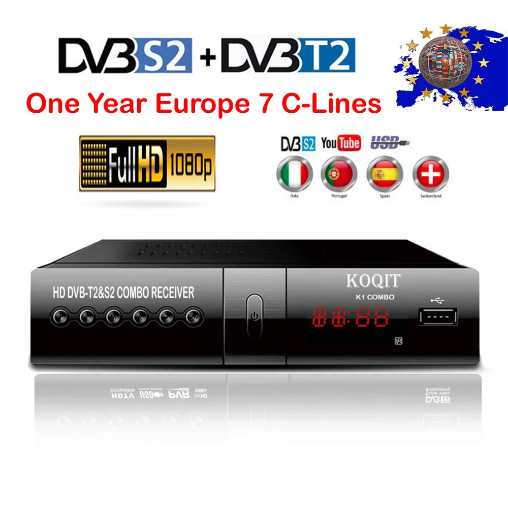 Internet cline for 1 year spain DVB-2S Digital TV Box Satellite Receiver DVB-T2 DVB T2 TV Tuner SatFinder Wifi Youtube Receptor