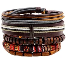 5 unids/set étnico de abalorios de Madera hechos a mano, pulseras de cuero tejidas para hombre, brazalete Vintage para mujer, accesorios de joyería para hombre