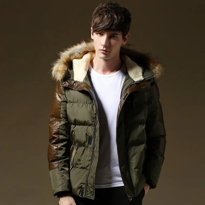 Новая Толстая теплая зимняя куртка для мужчин с меховым капюшоном Лоскутная кожа плюс размер 3XL 4XL 5XL Брендовое зимнее пальто мужские хлопковые пуховики