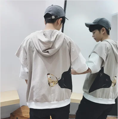 

Fake Two Pieces Cat Butterfly Men's Plus Size T-shirt Hooded Korean Style Outwear J10
