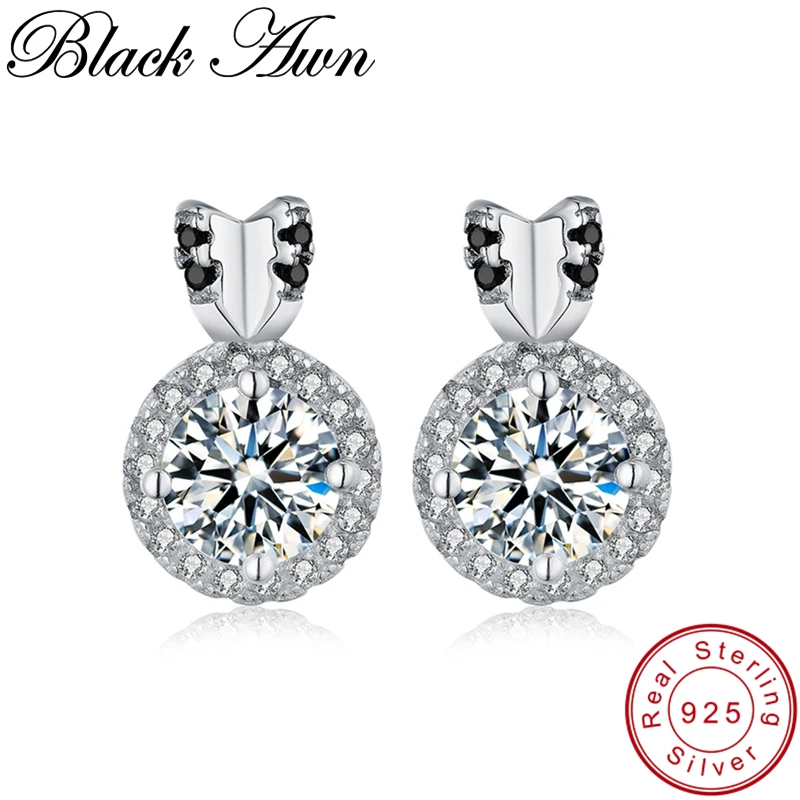 

[BLACK AWN] Genuine 100% 925 Sterling Silver Jewelry Black Spinel Stone Wedding Stud Earrings for Women T093