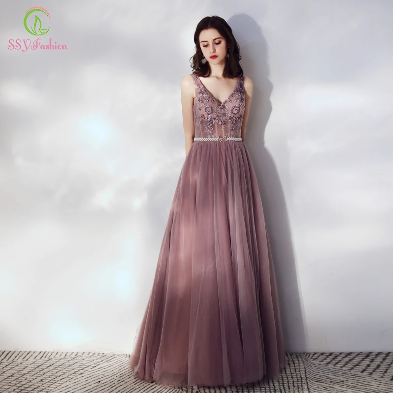 

SSYFashion New Purple Evening Dress Banquet Elegant V-neck Lace Beading Floor-length Party Formal Gowns Vestido De Noche