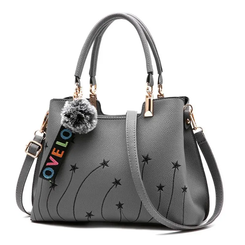 

High Quality Women Leather Fur Ball Pendant Handbag Shoulder Messenger Satchel Crossbody Ladies Tote Bag Purse 2019 New