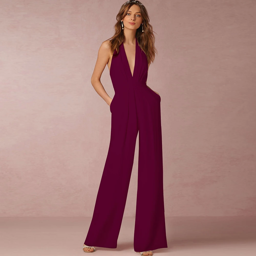 Elegant Long V-neck Sleeveless Bodycon Wide Leg Backless Jumpsuits Romper