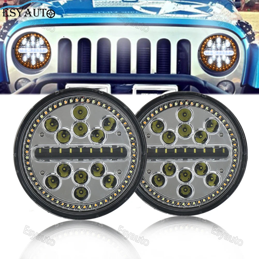 

2 pcs 7 LED Headlamps Projector H4 Driving Lights 24V white (DRL) and yellow (Turn Signal) Angel Eyes Halo Ring for JK