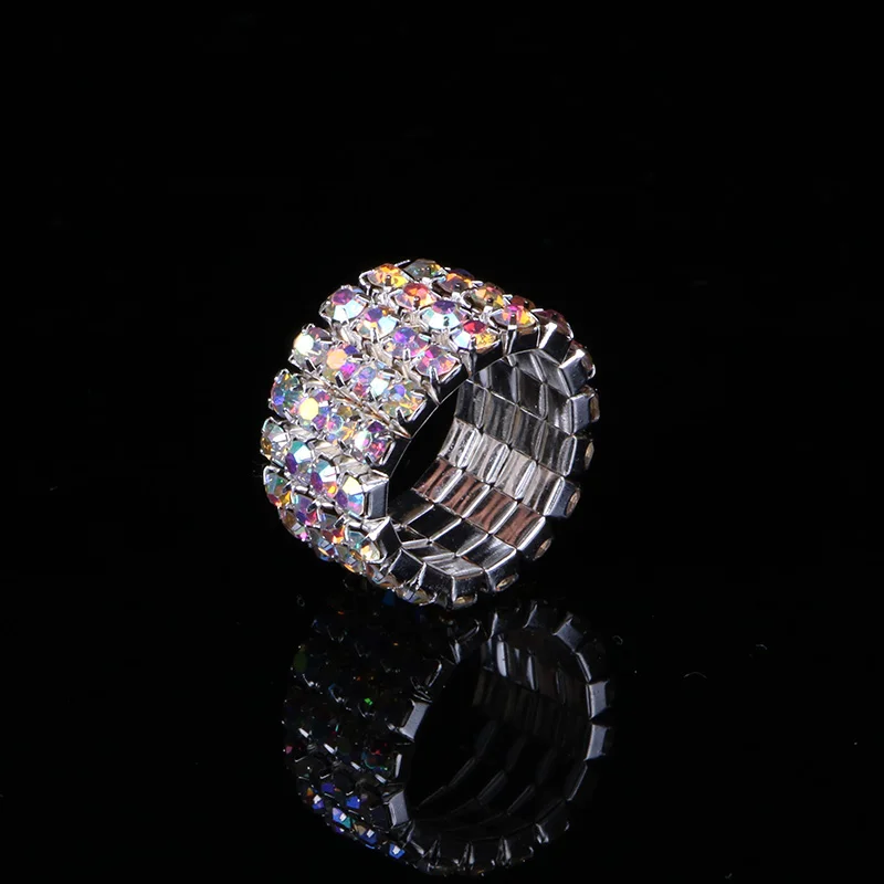 TDQUEEN 1-5 Rows AB Crystal Stone Rings Silver Plated Bridal Wedding Rhinestone Elastic Stretch Rings for Women (6)