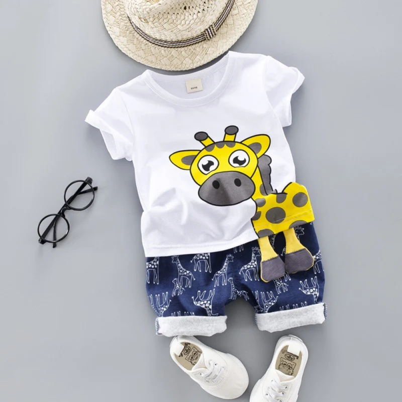 Summer Casual Baby Boy Clothes Giraffe Cartoon Pattern Short Sleeve And Pant Kit Kids Toddler Two-piece Outfit Set 0-4Y