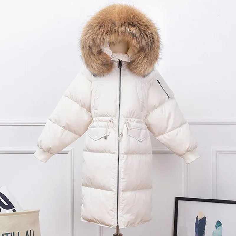 Зимняя куртка, Женское пальто, большая куртка с воротником из натурального меха енота, толстая теплая парка, пуховик на белом утином пуху, женская верхняя одежда