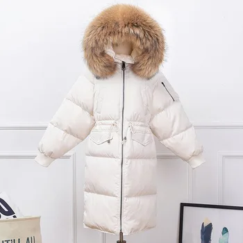 

Winter Jacket Women Coat Large Real Raccoon Fur Collar Jacket 2018 Thick Warm Parka White Duck Down Jacket Female Outerwear
