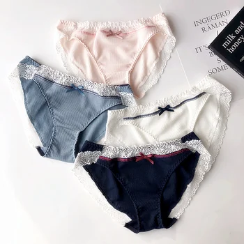 

Japanese Cotton Waffle Grace Colourless Traceless Low waist Triangle Girls Sweet Cute Butterfly Knot Underwear Girls majtki