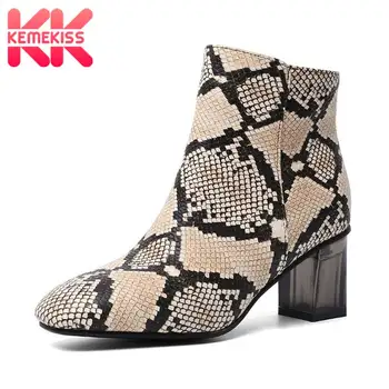 

KemeKiss Ankle Boots For Women Plus Size 34-48 Fashion Snake Print Square Heel Shoes Women Fall Winter Retro Zipper Footwear
