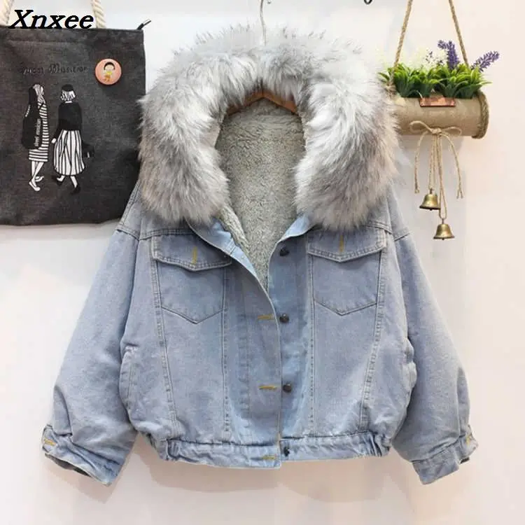 

Winter Women's Thick Warm Denim Jackets Loose Short Velvet Coats Xnxee