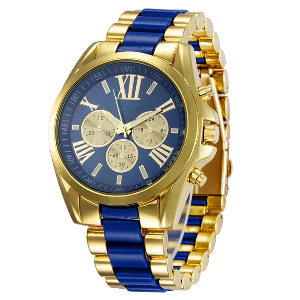 Деловые элегантные кварцевые часы модные женские римские цифры золотого цвета женские наручные часы - Цвет: Blue