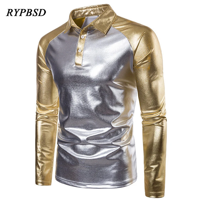 

Spring Autumn Fashion Metallic Shiny Party Nightclub Stage Dance Turndown Collar Long Sleeve Patchwork Gold Silver Shirts Men