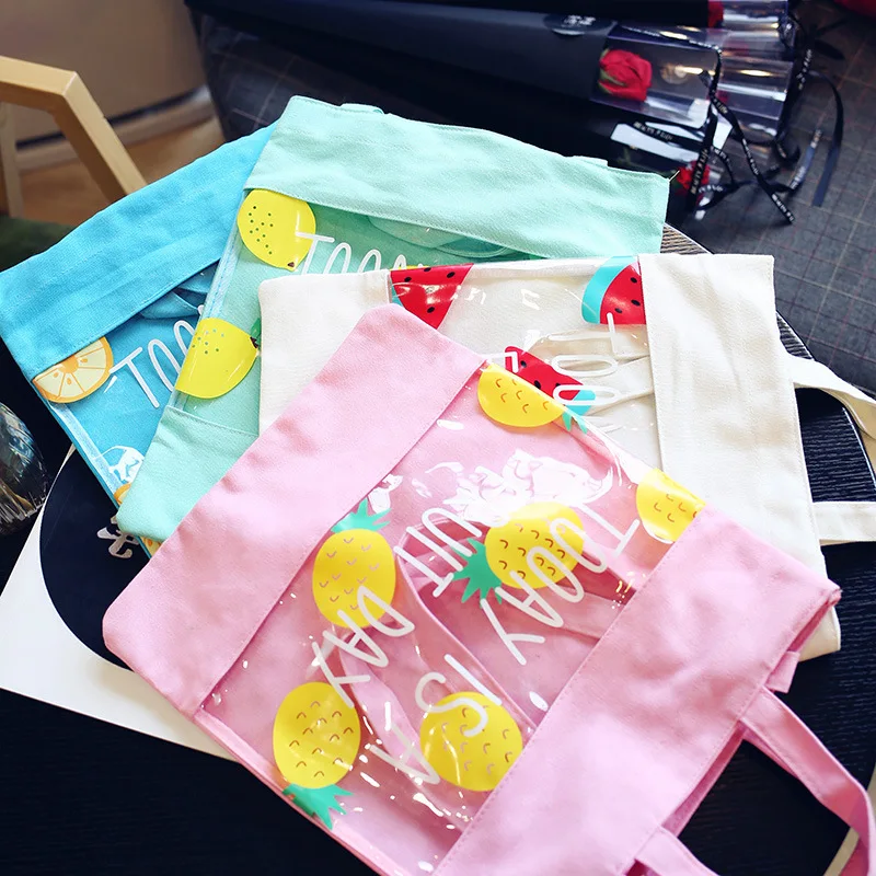 

Women's Transparent Stitching Fruit English Canvas Bag Jelly Beach Bag Shoulder Bag