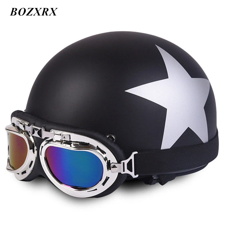 

BOZXRX 2017 Matte Motorcycle Helmets Open Face Half Motorbike with Goggles and Removable Collar Retro Style Helmet Capacete