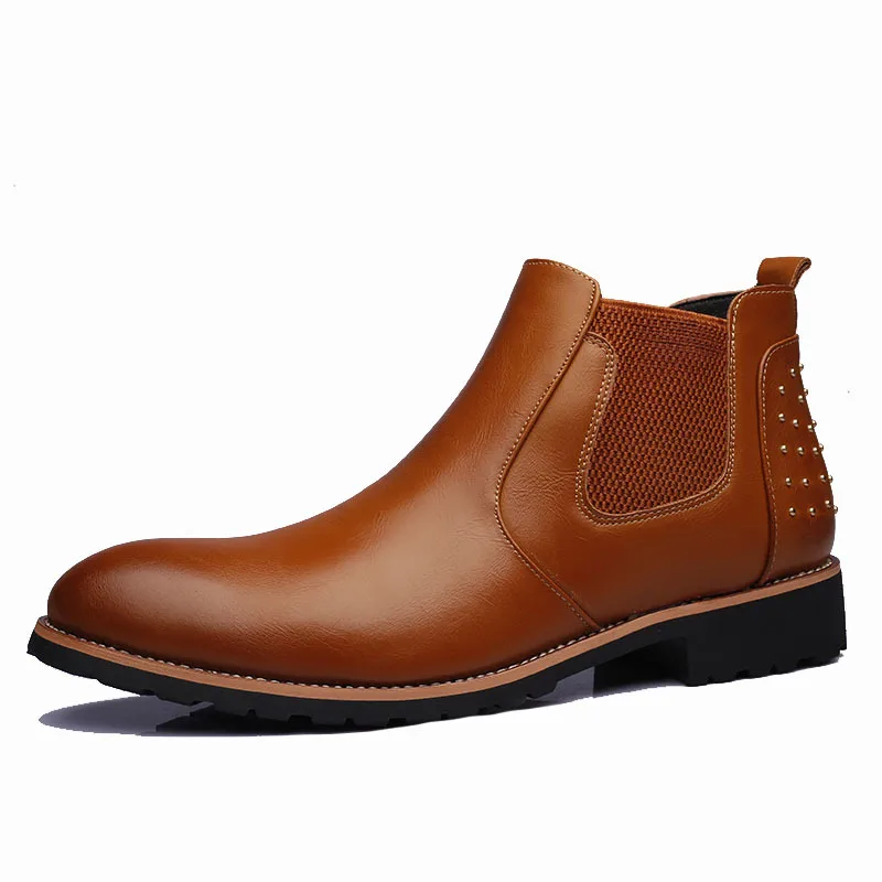 

Men Leather Chelsea Boots Slip-on Waterproof Ankle Boots Rivet Men Brogue Fashion Boots Patent Leather Shoes