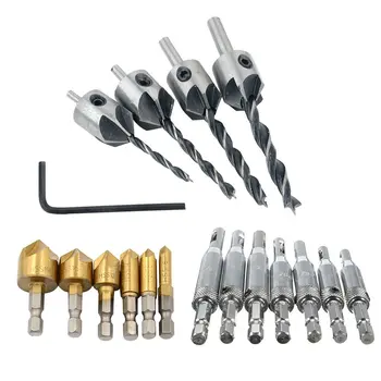 

BHTS-7PCS Door Self-Centering Hinge Drill Bit + 6pcs Hex Shank 90 Degree 5 Flute Chamfering Drill 6mm-19mm + 4PCS HSS 5 Flute