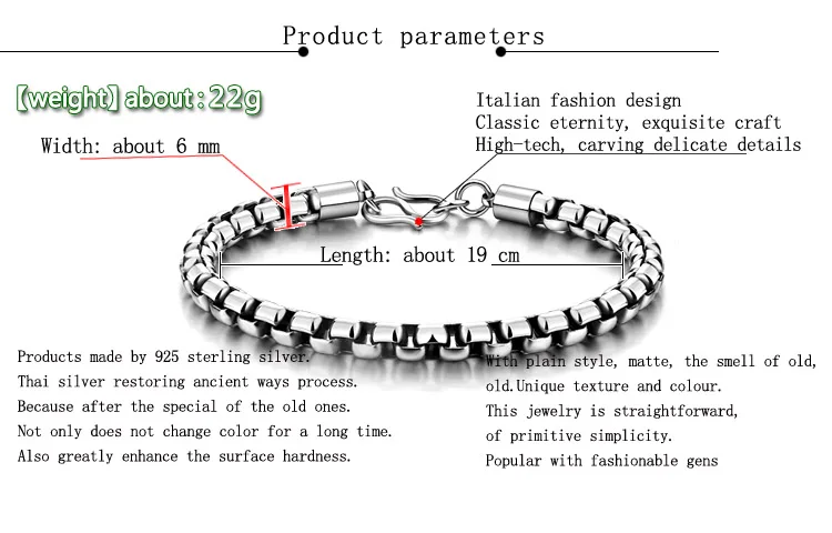 Модный стиль восстановление древних способов Человек Тайский Серебряный bracelet.6mm21cm серебро 925 пробы браслет. Для мужчин серебряные ювелирные изделия