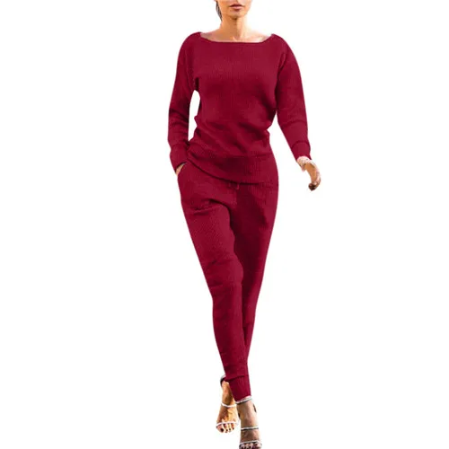 JAYCOSIN Для женщин Комплект одежды однотонные Цвет комплект из двух предметов, свитер с длинными рукавами топ и длинные штаны осень-зима спортивный костюм для Для женщин - Цвет: WE