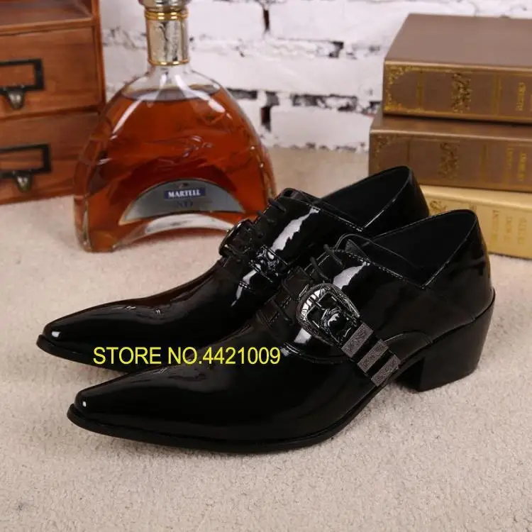 

2018 Design Mens Patent Leather Shoes Genuine Leather Black Formal Men Dress Shoe For Wedding Party Buckle Business Oxfords