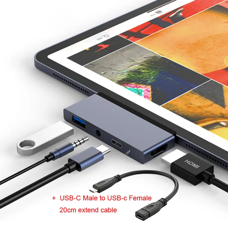 Адаптер Thunderbolt 3 USB C Hub для USB-C PD/Data HDMI 4K Hub 3,0 Jack 3,5 мм наушники для iPad Pro Macbook Pro/Air type-c - Цвет: Gray add cable