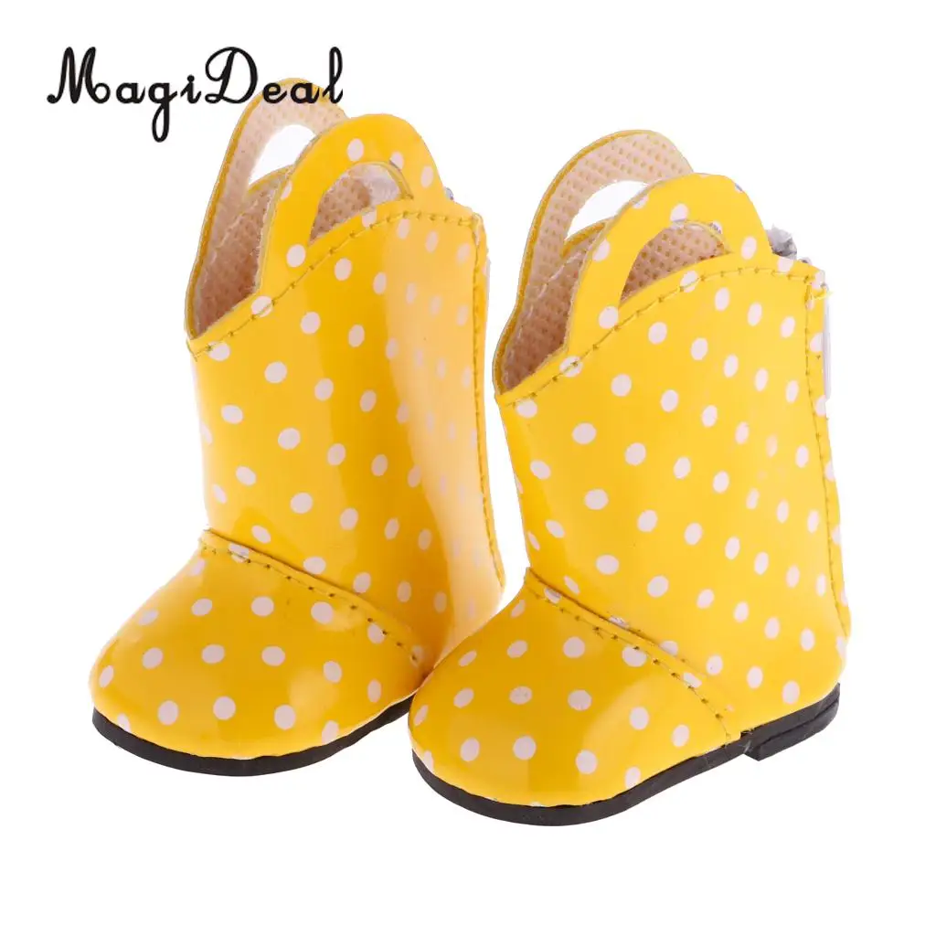 MagiDeal 1 Pair PU Leather Yellow Dots Zipper Back Boots Shoes for 18 Inch   Dolls Baby Outdoor Rain Wear Accs