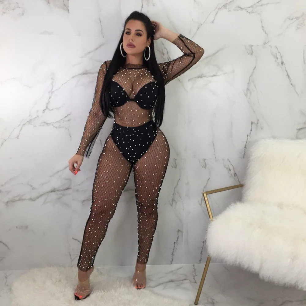 

BKLD Backless Fishnet Transparent Long Sleeve Bodysuit Sexy 2024 Summer Rompers Womens Jumpsuit Beading Mesh Sheer Bodysuits