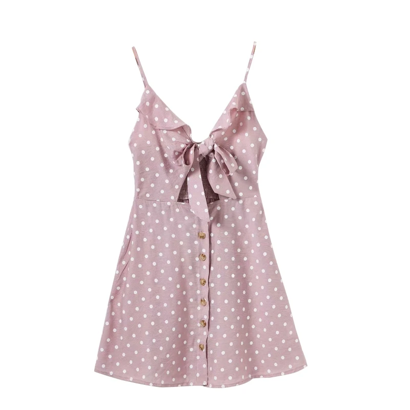 Summer Sexy Deep V-neck Front Bow Design Sexy Spaghetti Strap Women Dot Printed A-line Mini Dress Women Summer Hollow Out Dress Summer Sexy Deep V-neck Front Bow Design Sexy Spaghetti Strap Women Dot Printed A-line Mini Dress Women Summer Hollow Out Dress