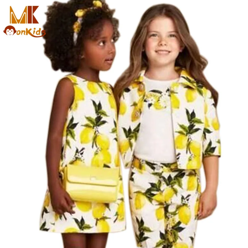 

Monkids Leisure Girl Set Girls Clothing Sets Children Clothing Fruits Print Top+Coat+Girls Pants European And American Style