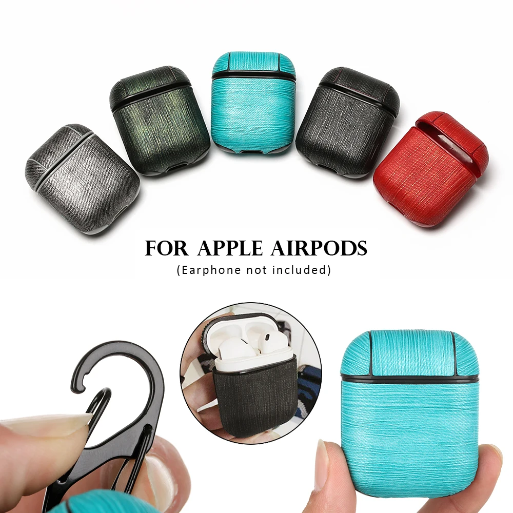 

New Metal Texture Leather Bluetooth Wireless Earphone Case With Carabiner For Air Pods Protective Cover Skin For Apple AirPods